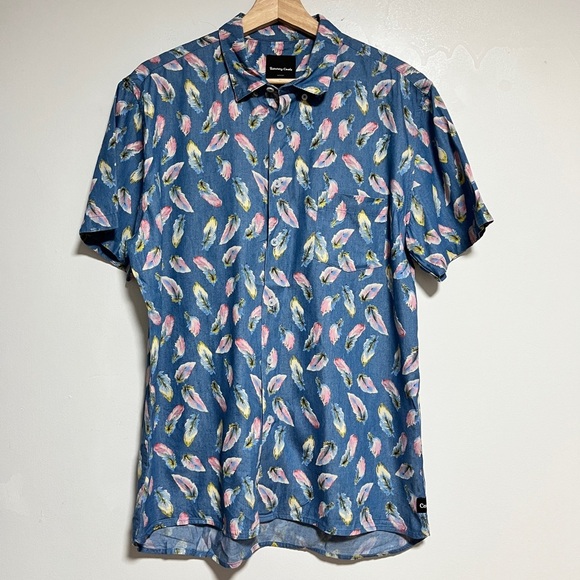 Barney Cools Feather Print Short Sleeve Shirt - Blue - Size M - Picture 1 of 8